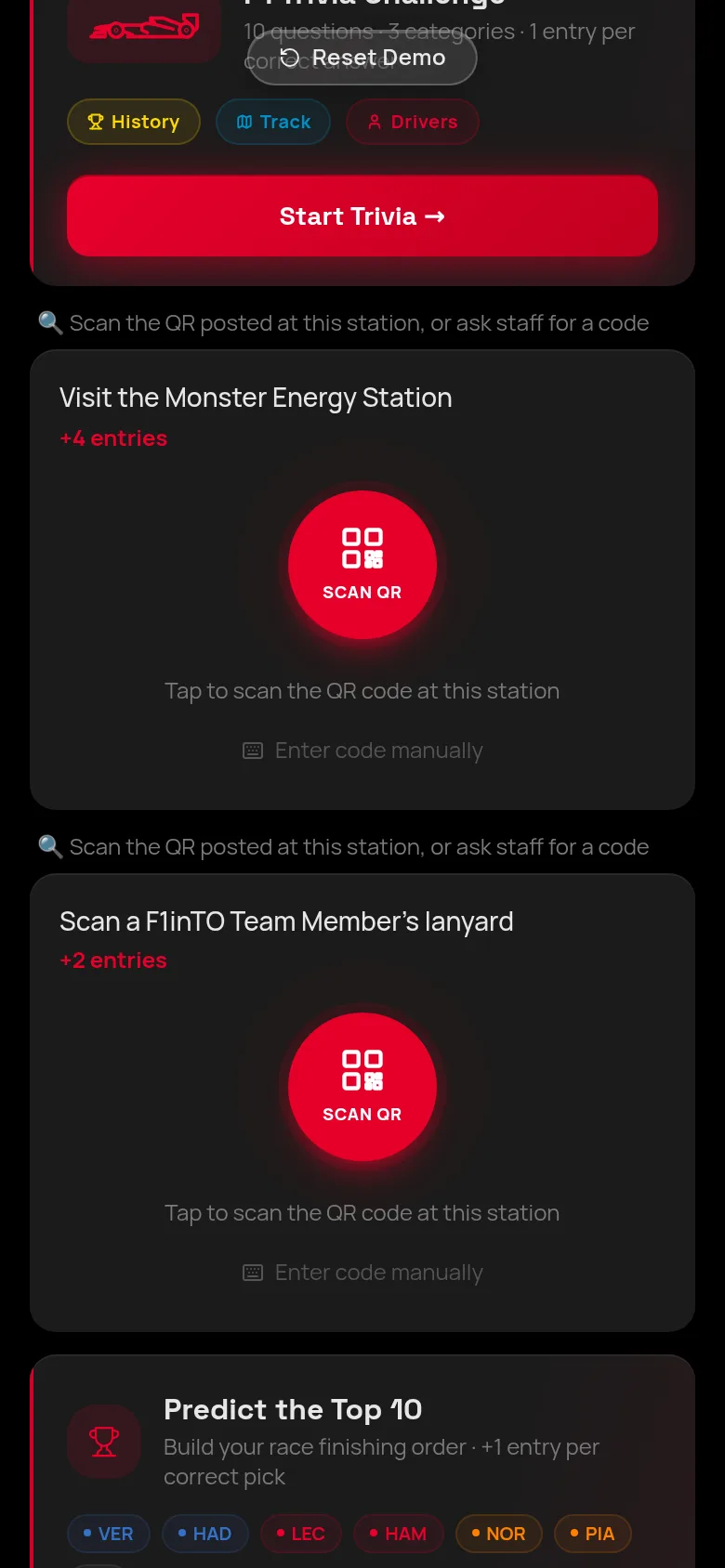 F1inTO app: scan the QR code at the Monster Energy station