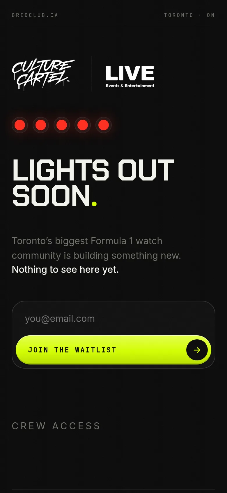 The GRID+CLUB waitlist page on a phone