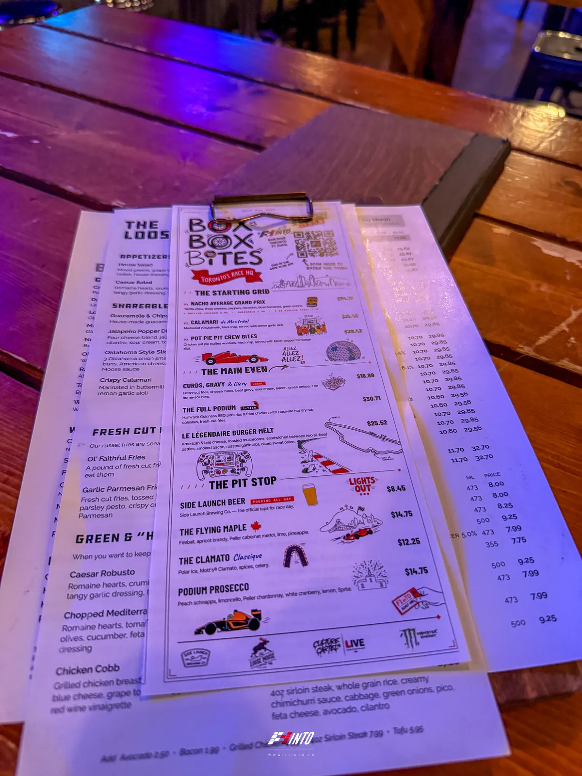 The F1inTO race-day menu on a table, the dishes named for race day