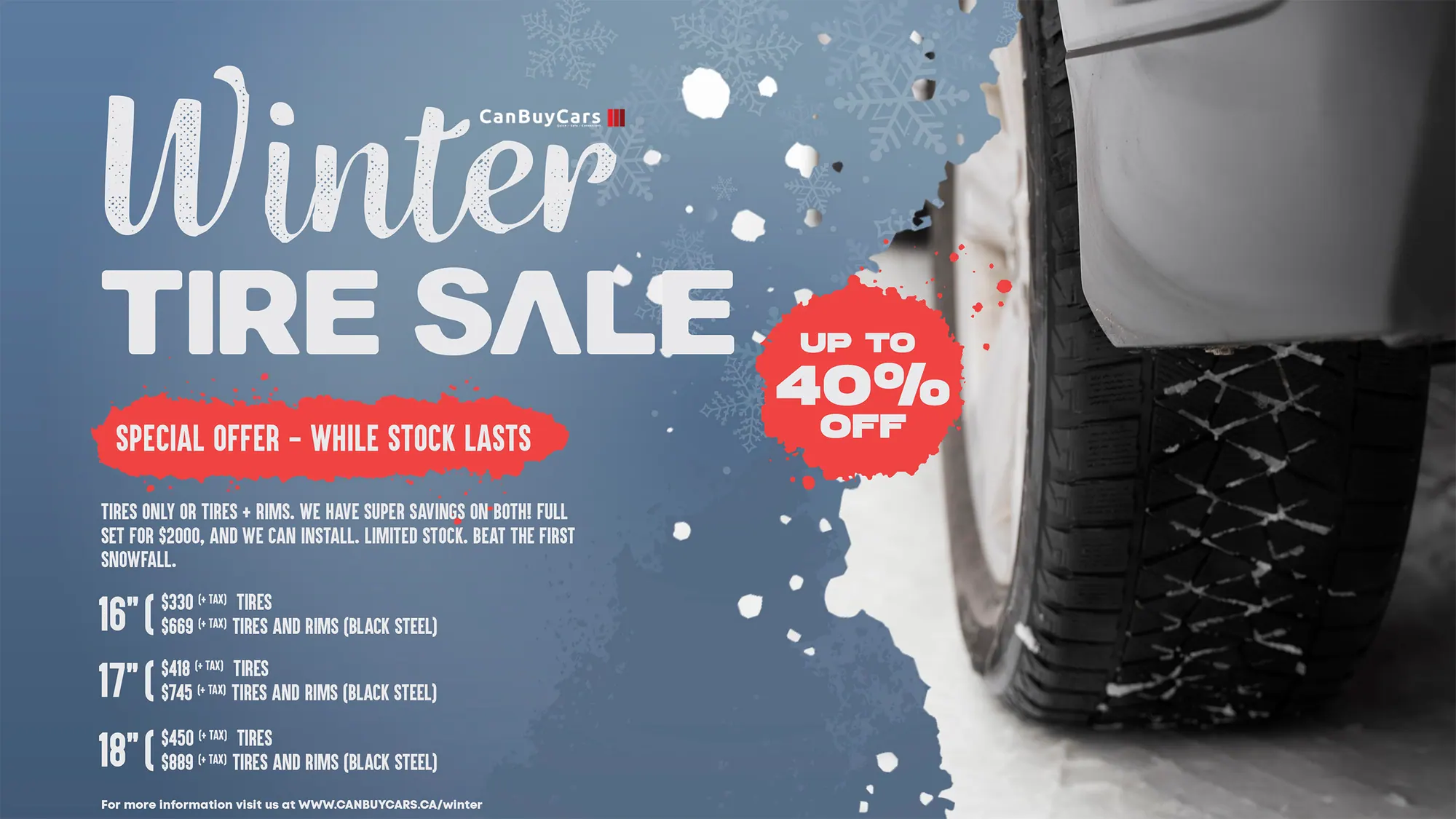 CanBuyCars Winter Tire Sale promotion with a snow-dusted tire
