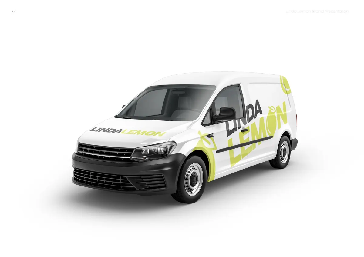 White delivery van wrapped in Linda Lemon branding