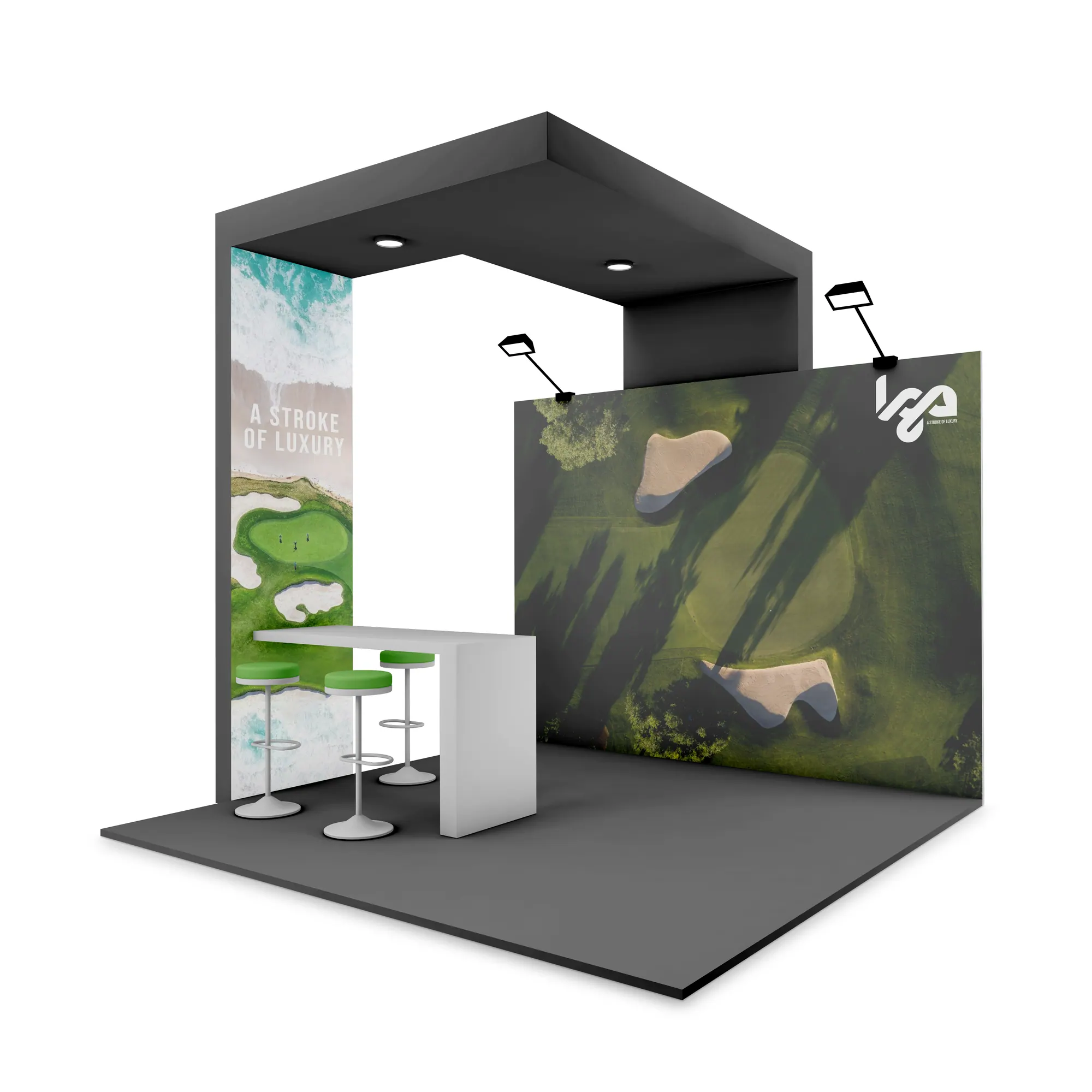 Corner exhibition booth render with LGA golf course graphics