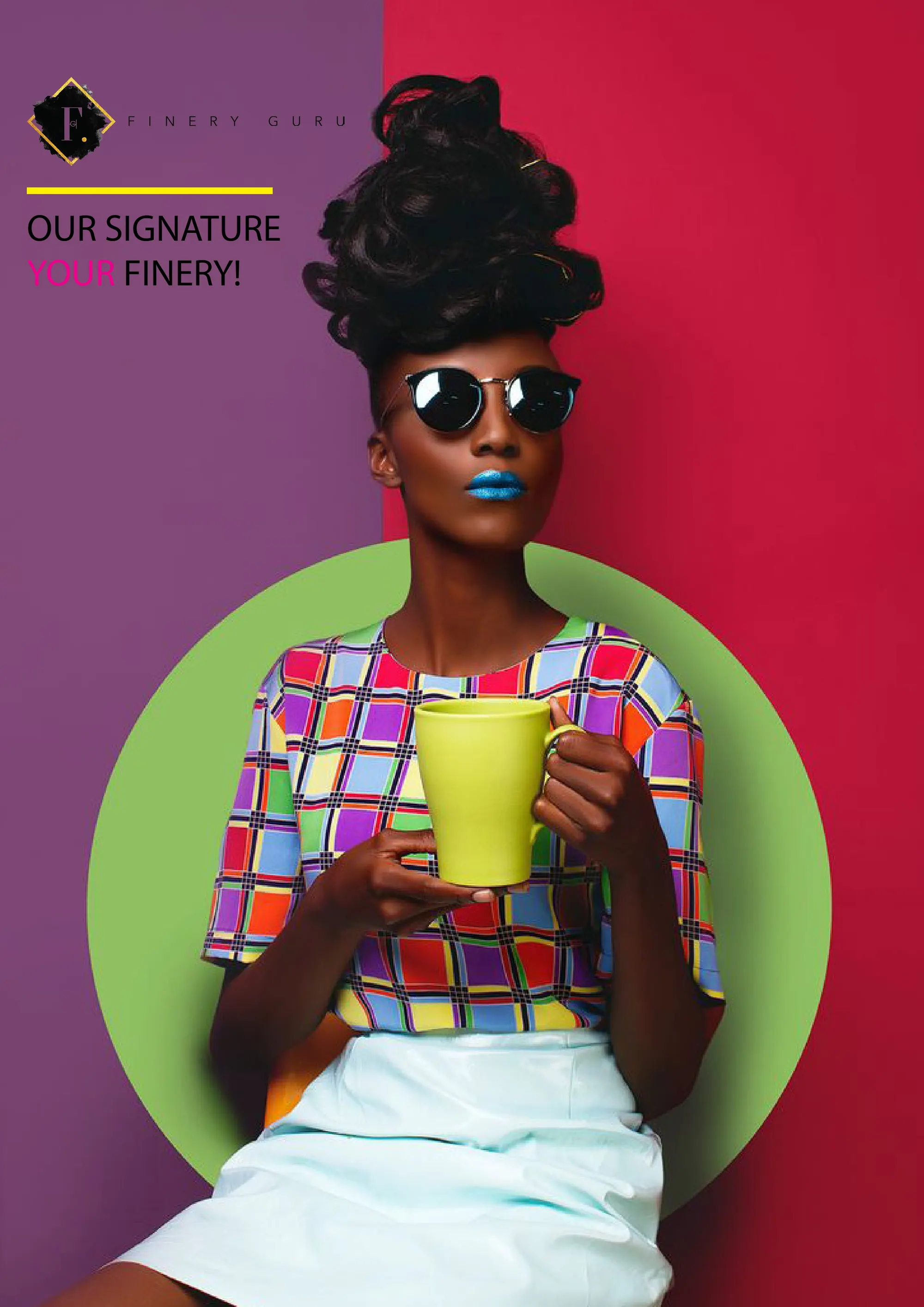 Our Signature Finery page with a model in sunglasses holding a yellow cup