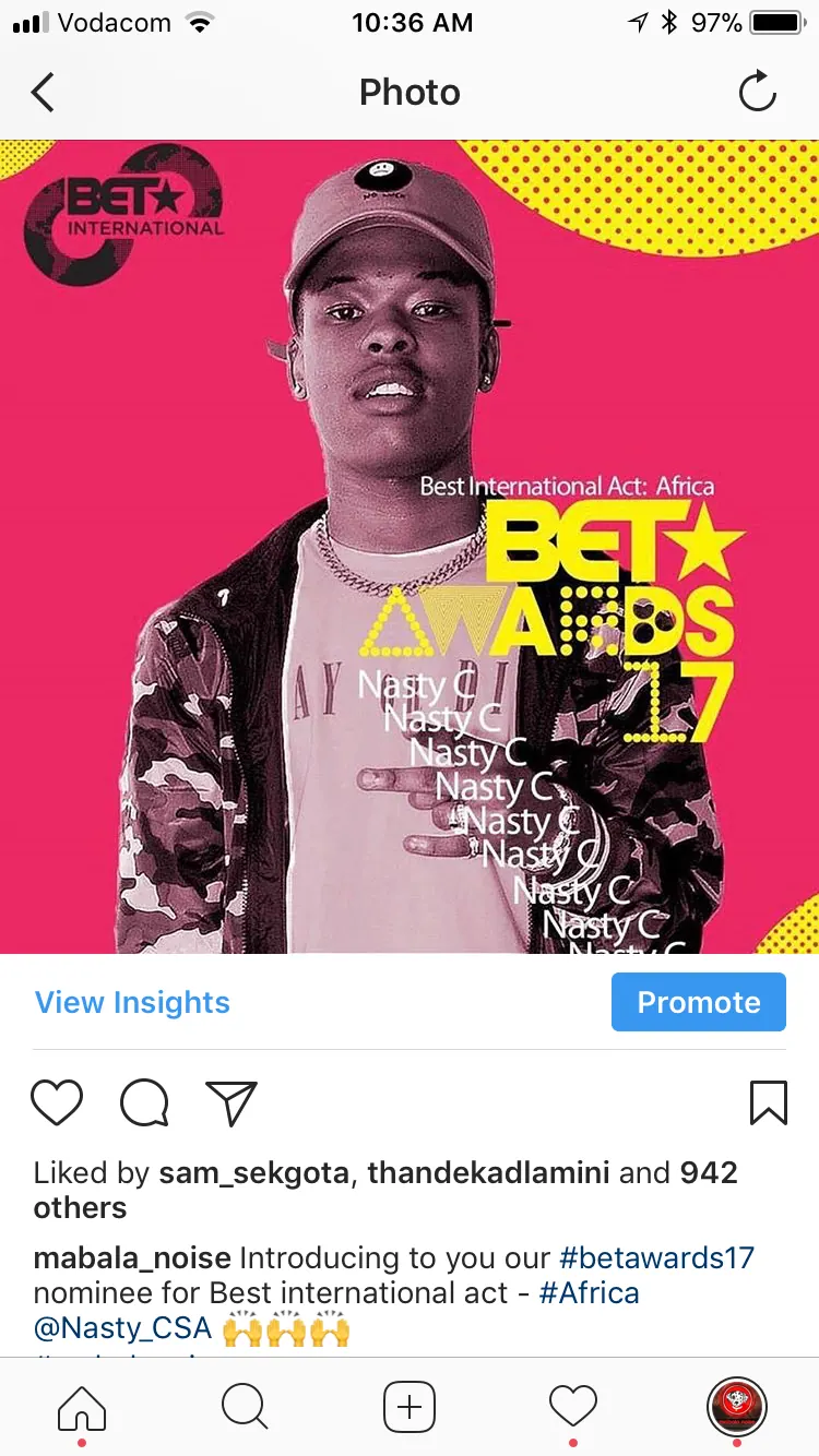 Instagram post announcing a Nasty C BET Awards nomination