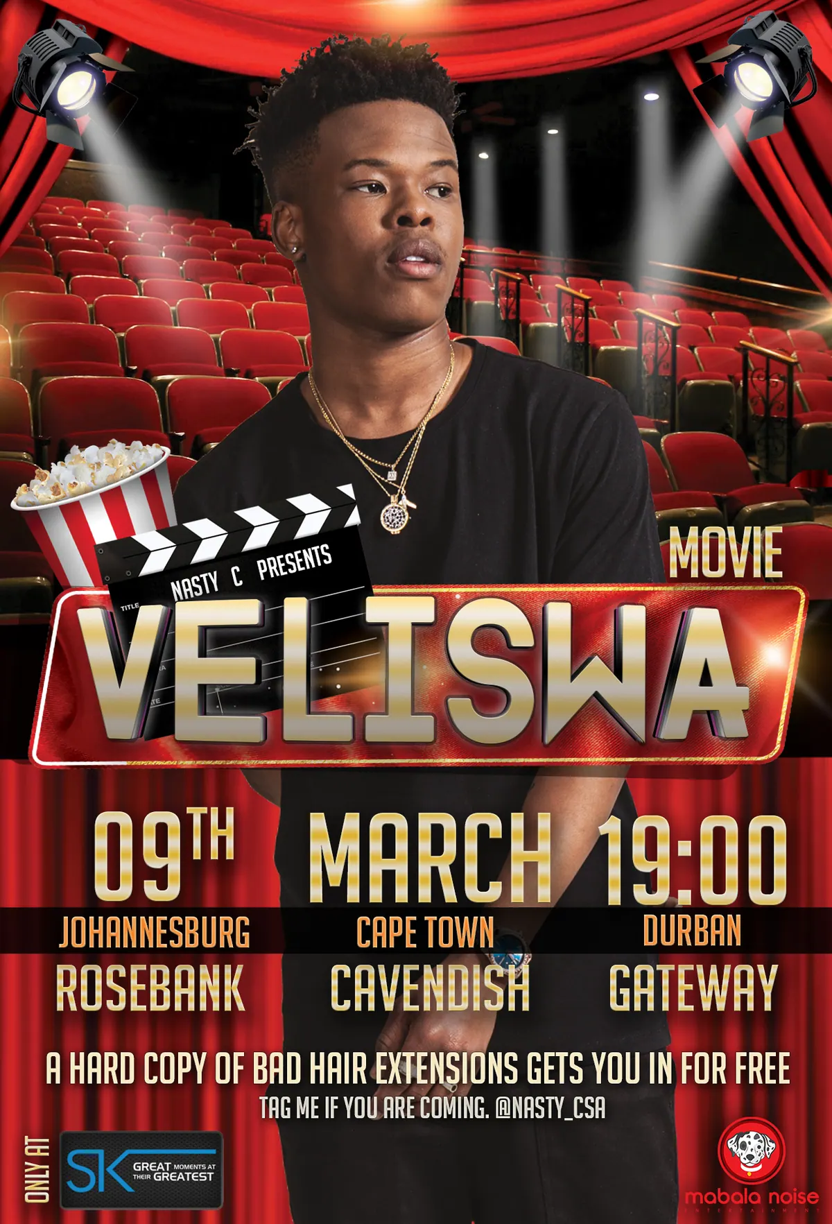 Veliswa movie-style release poster with cinema seats and city dates