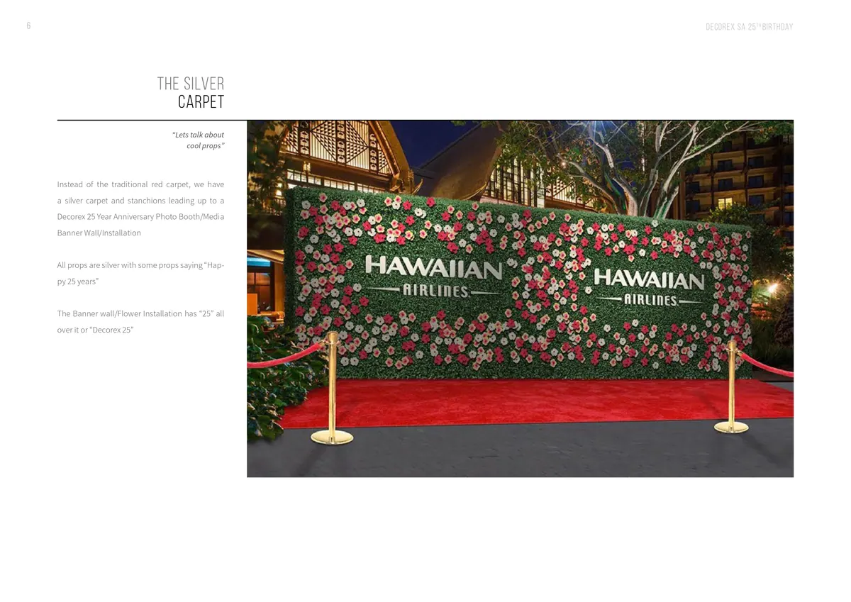 Silver carpet arrival concept page with a floral media wall