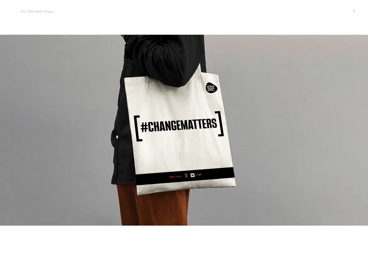 Side view of the #CHANGEMATTERS tote on a grey background