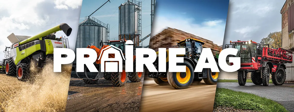 Prairie Ag wordmark over a collage of combines and tractors