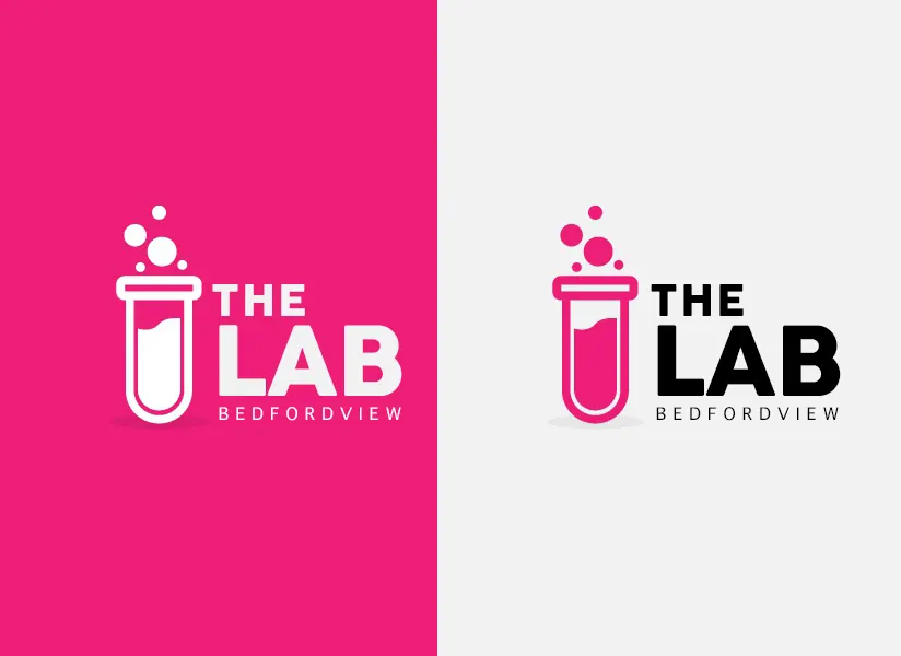 The Lab logo in white on pink and in black on light grey
