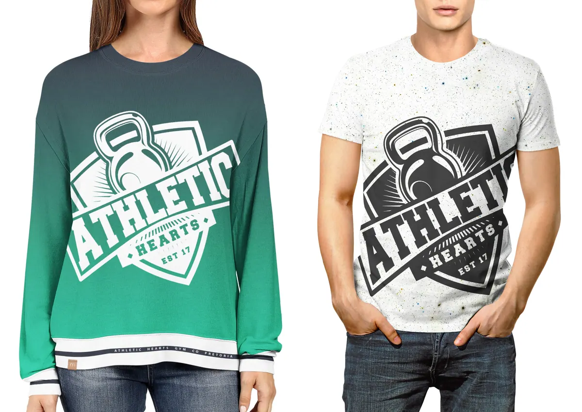 Athletic Hearts apparel: a green gradient sweatshirt and a printed T-shirt