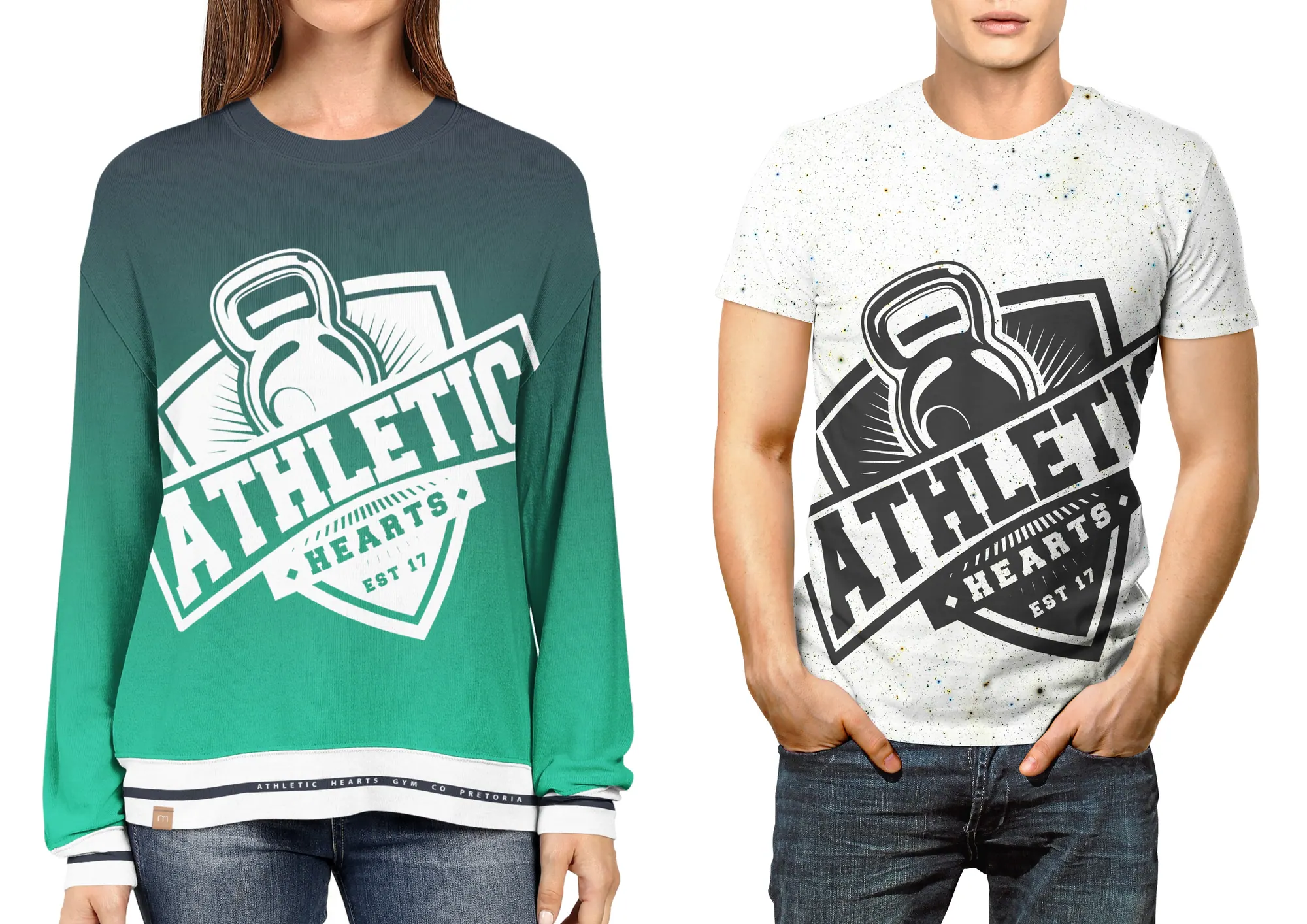 Athletic Hearts apparel: a green gradient sweatshirt and a printed T-shirt