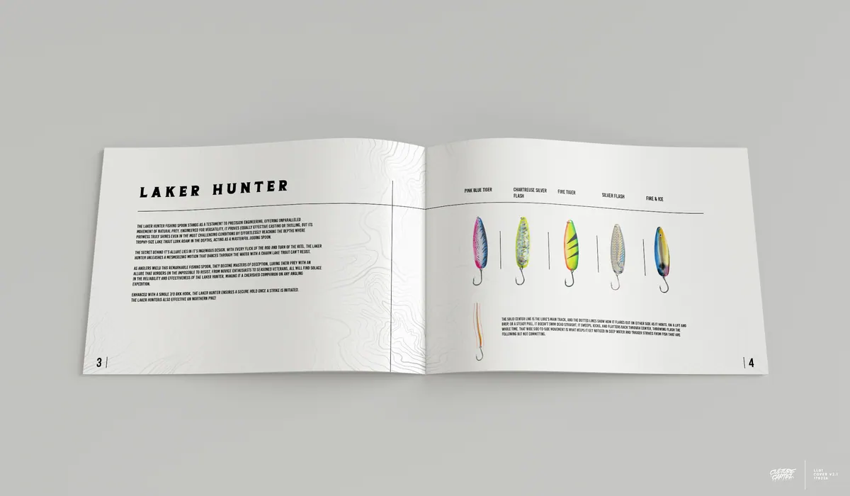 Laker Hunter product spread in the Laker Lures catalogue showing lure colourways