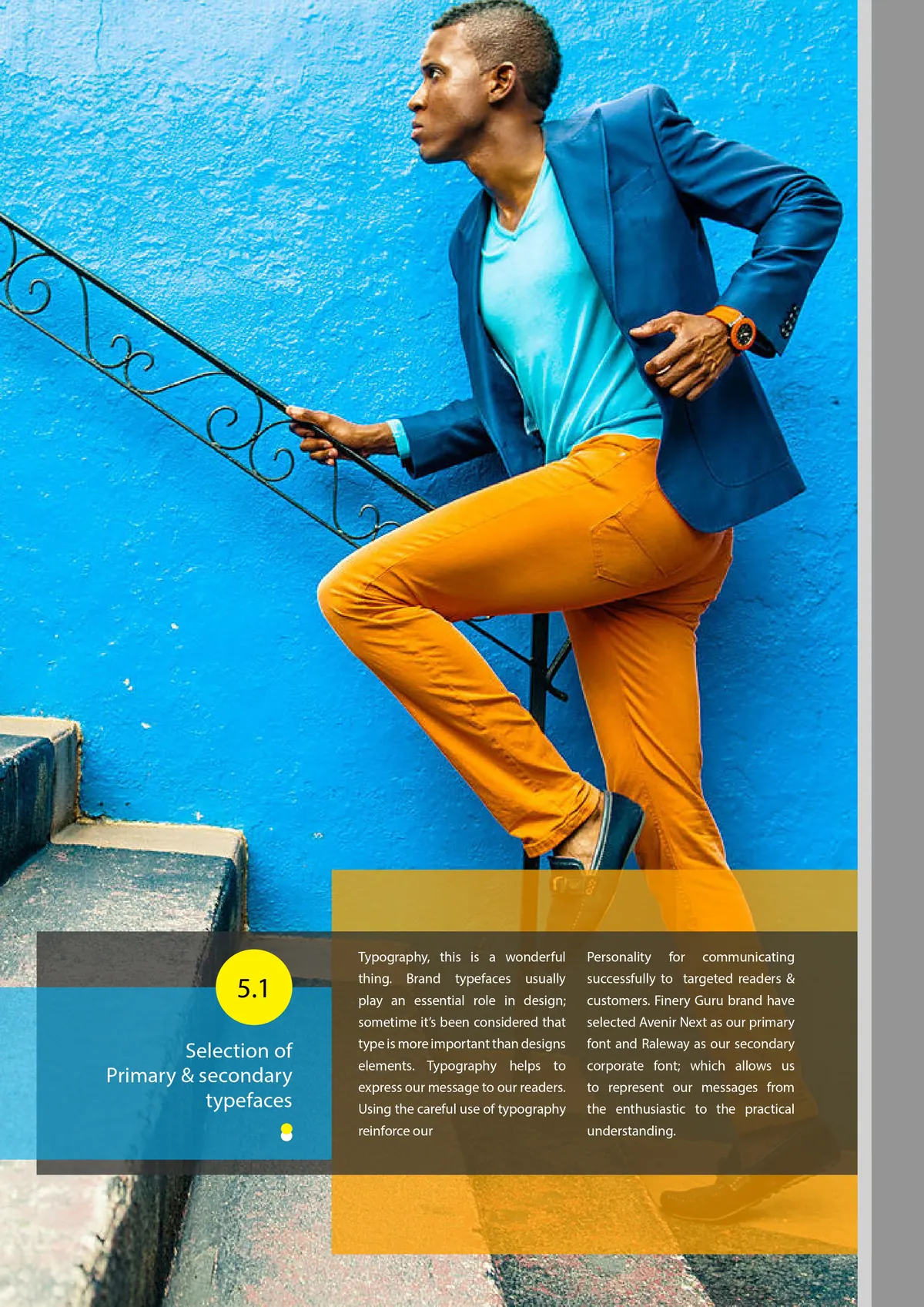 Brand guidelines page with a model in a blue suit on blue steps