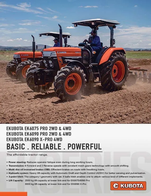 E-Kubota EK series print ad with the line Basic. Reliable. Powerful.