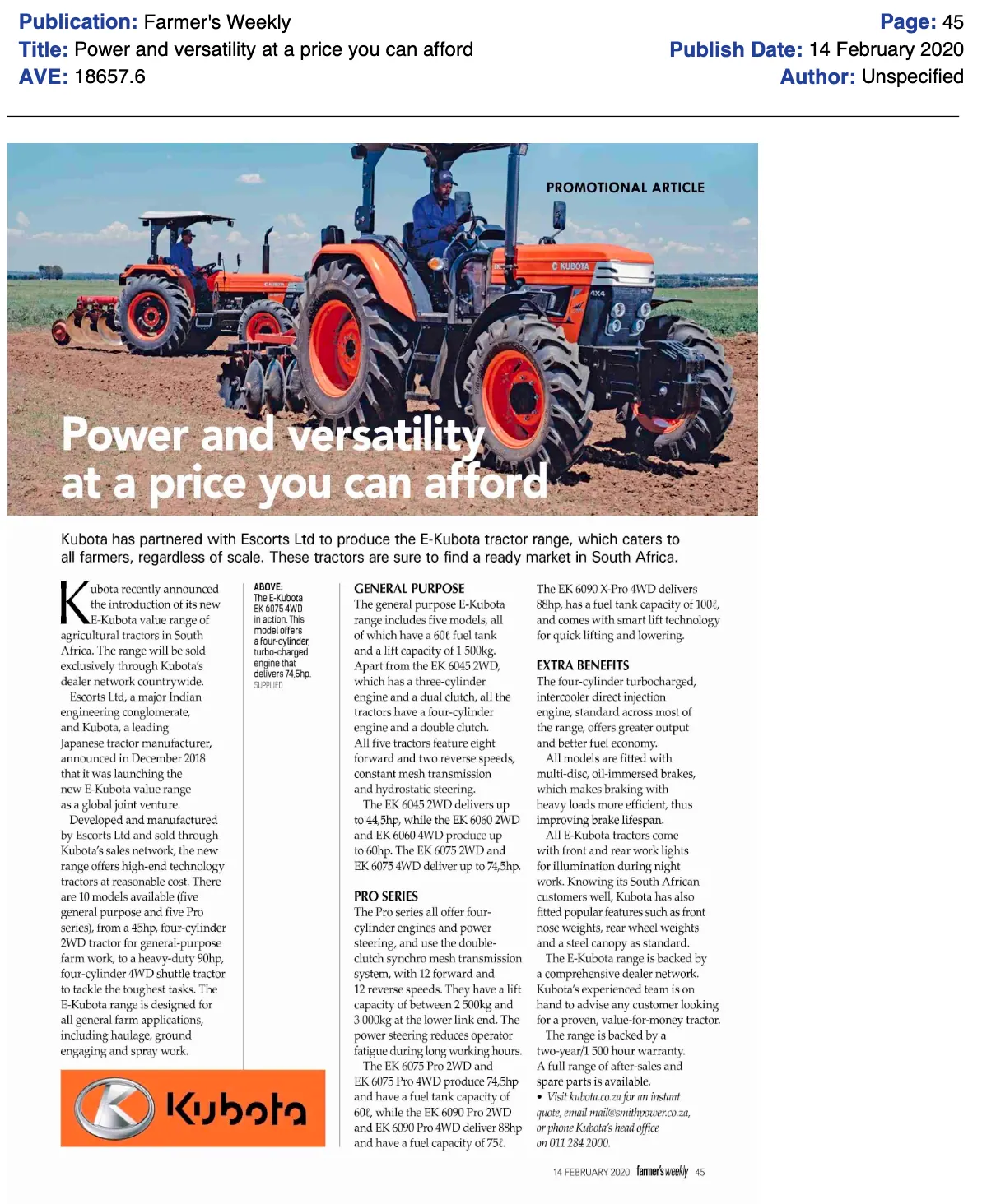 Trade press feature on the E-Kubota tractor range titled Power and versatility at a price you can afford