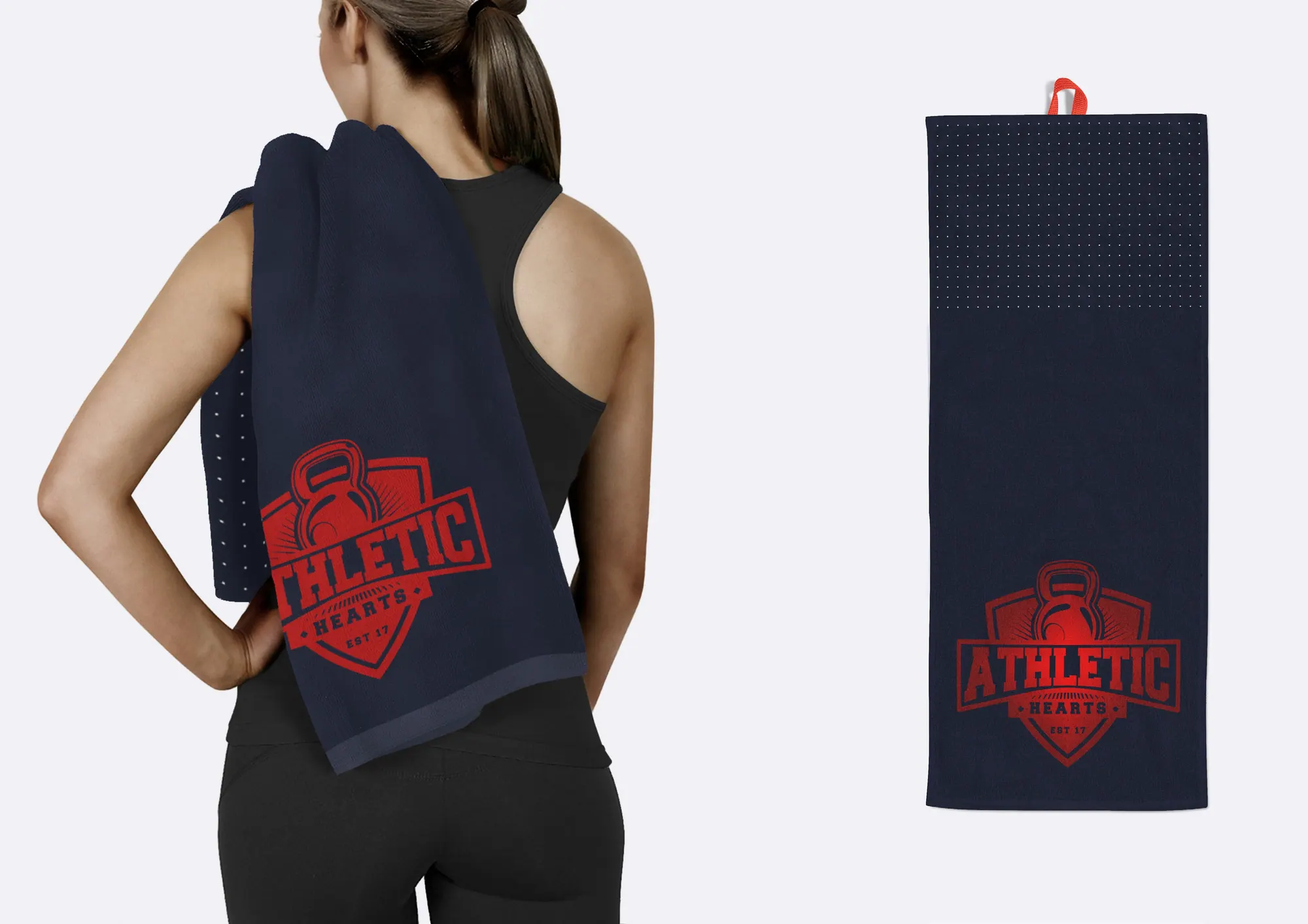 Athlete with a navy Athletic Hearts gym towel over the shoulder
