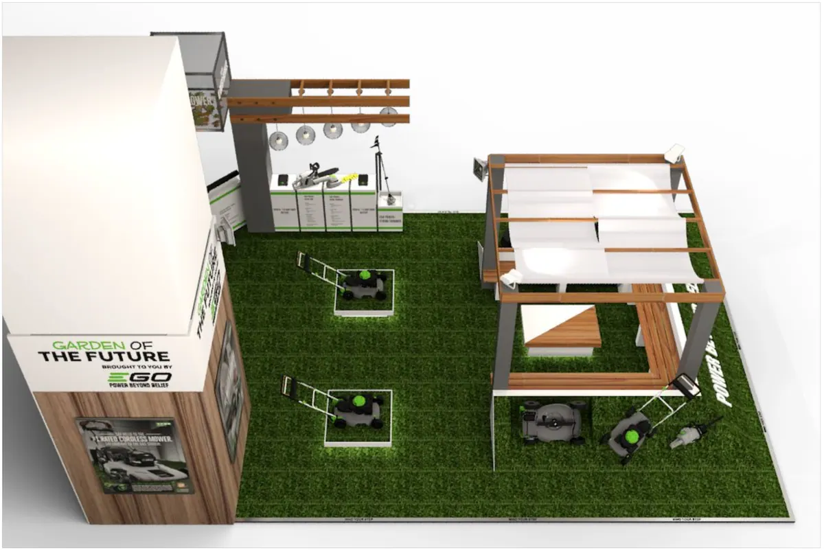 Overhead render of the EGO stand layout on artificial turf