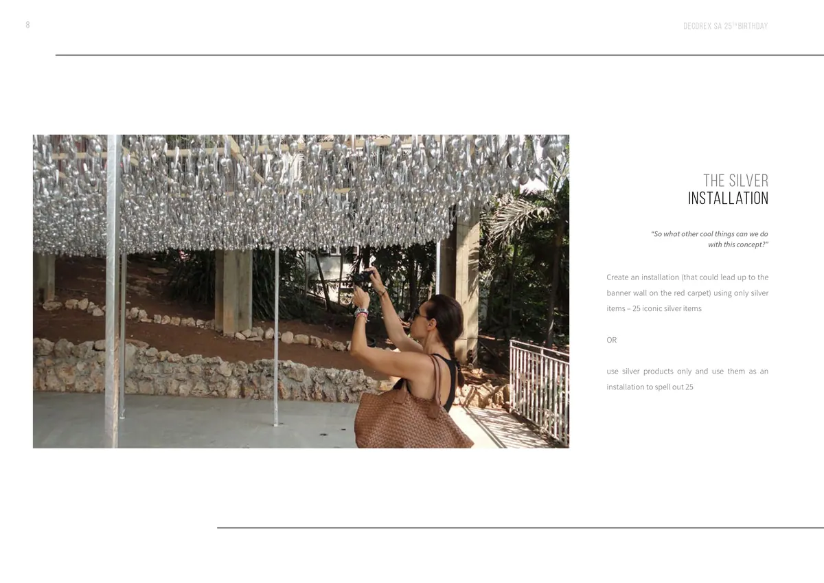 Silver installation concept page with a hanging metallic canopy