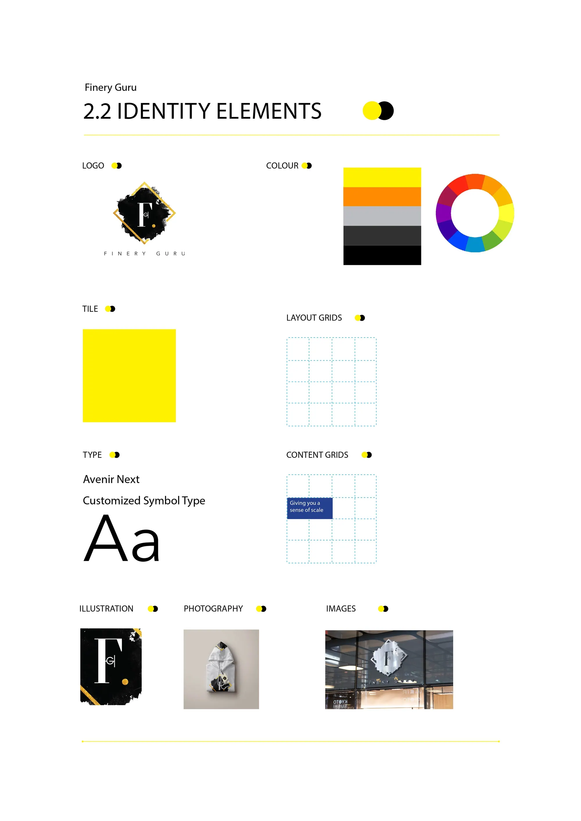Identity elements page showing logo, colour, type and imagery