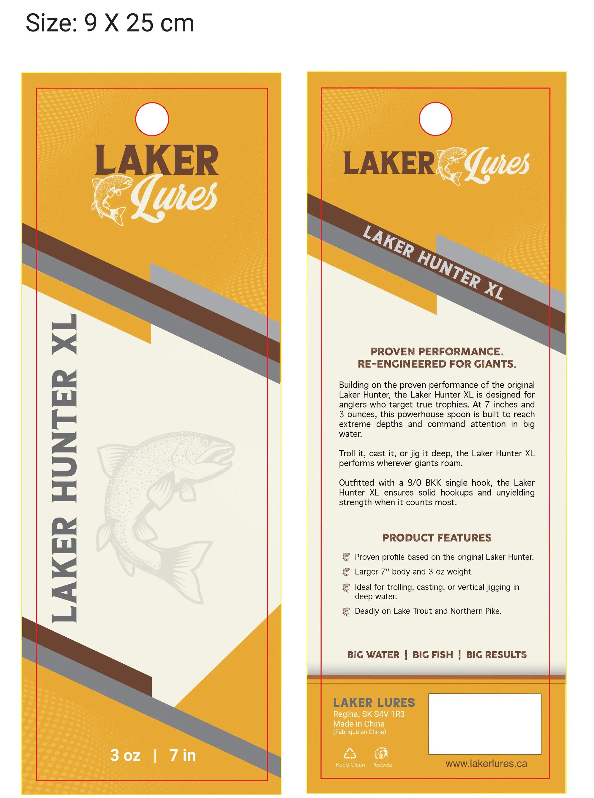 Front and back of the Laker Hunter XL hang-tag packaging in yellow and orange