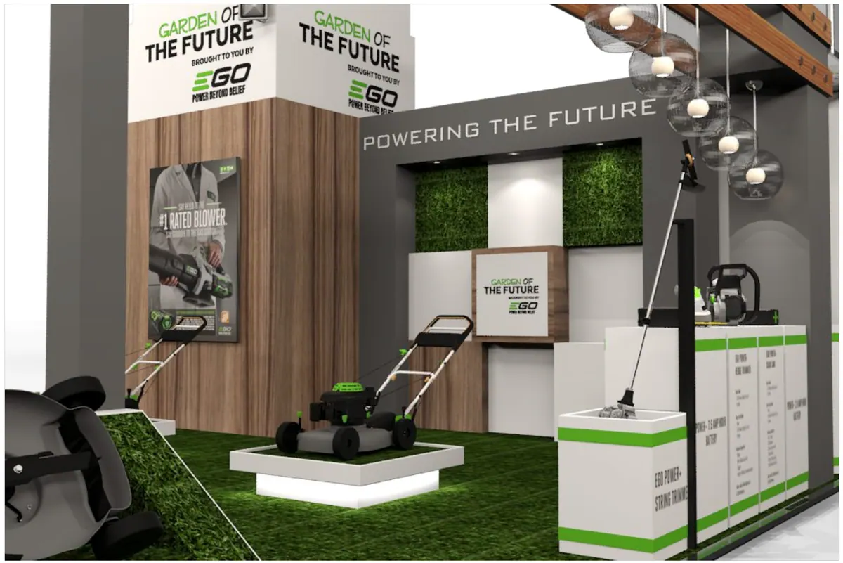 EGO stand render with timber frame, green wall and mower displays