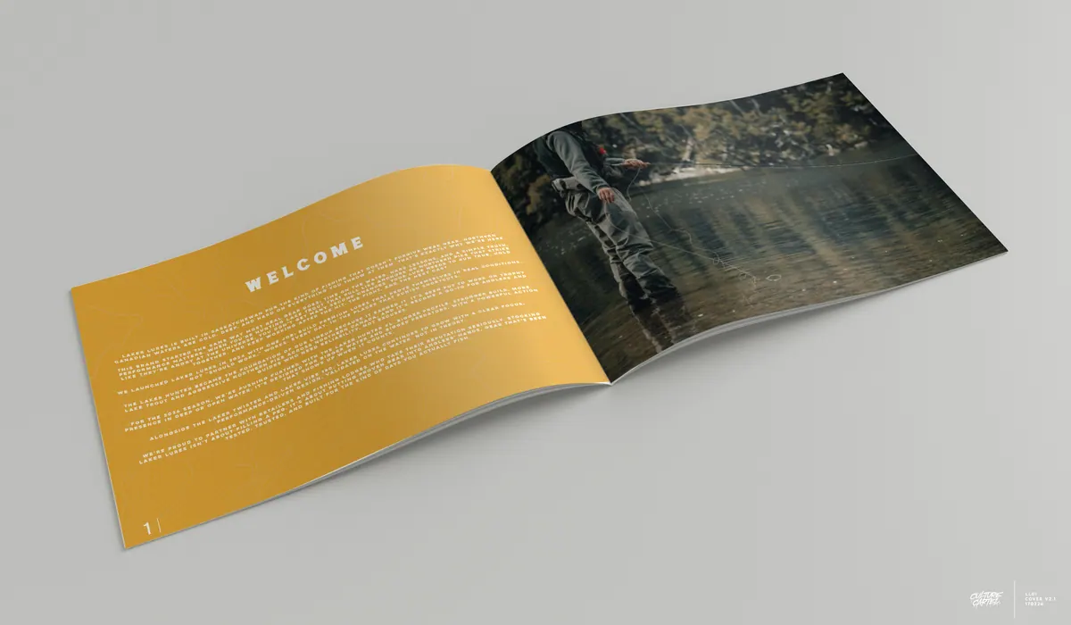 Laker Lures catalogue welcome spread with a yellow page and a lake photograph