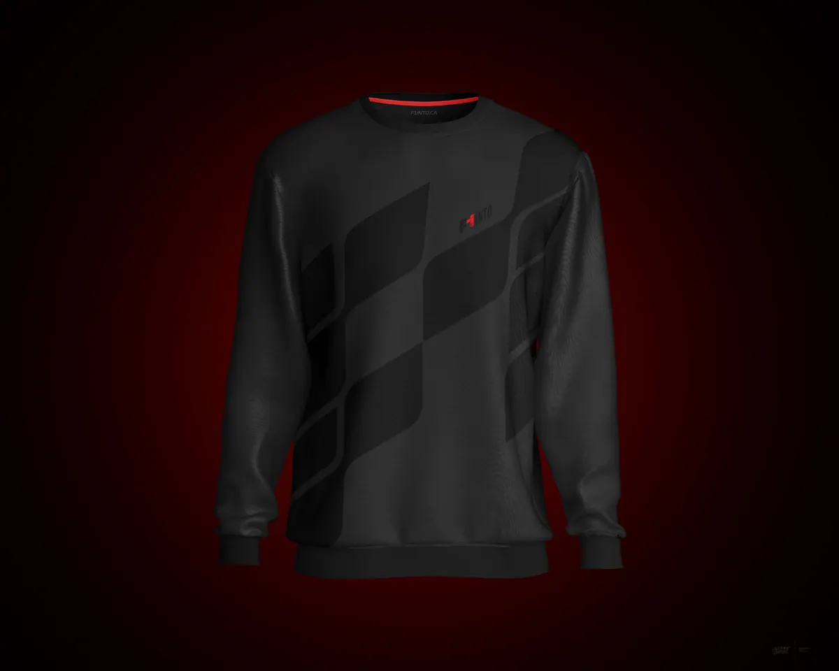 Black F1inTO crewneck sweatshirt with a tonal flag graphic on a red backdrop