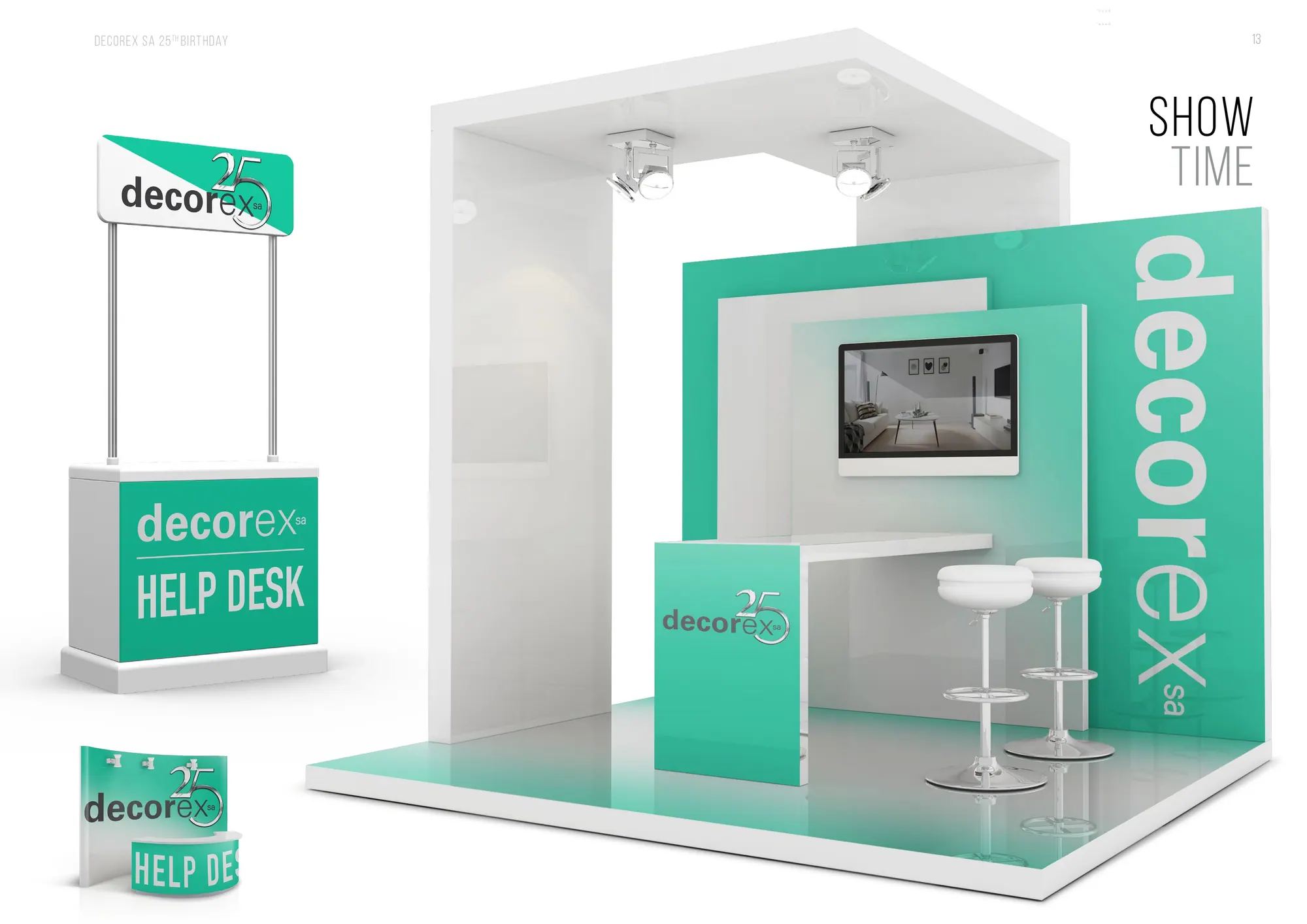 Decorex help desk and show stand render in teal and white
