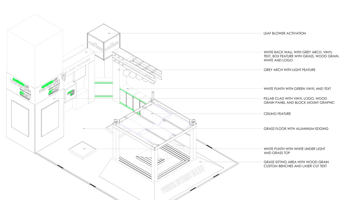 Technical line drawing of the EGO exhibition stand build