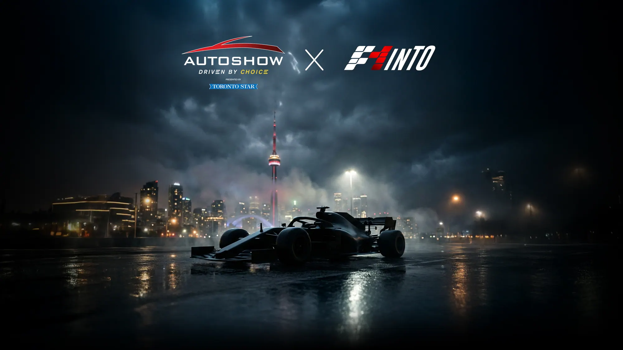 AutoShow x F1inTO collaboration visual of an F1 car against the Toronto skyline at night