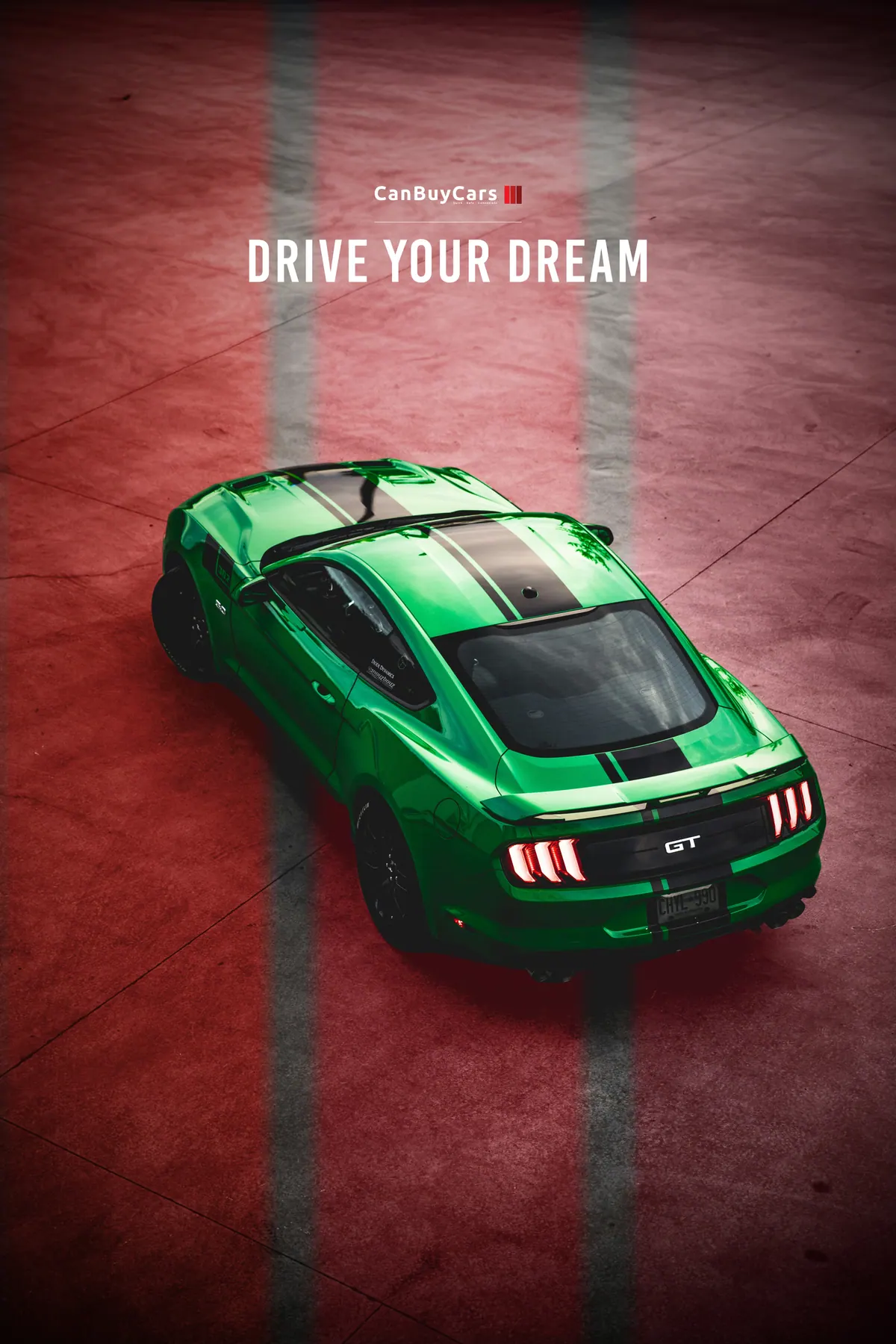 Green sports car from above on a red road, from the CanBuyCars Drive Your Dream campaign
