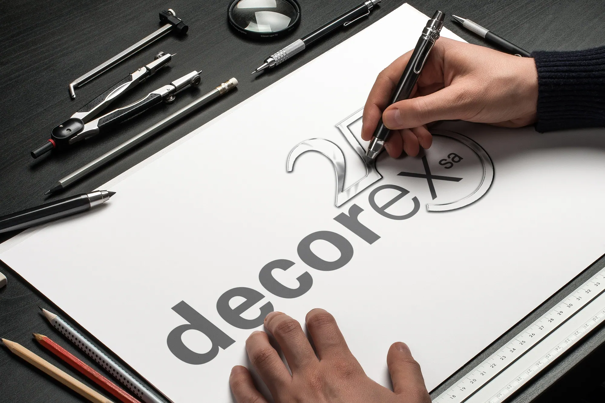 Designer sketching the Decorex 25 logo by hand among drawing tools