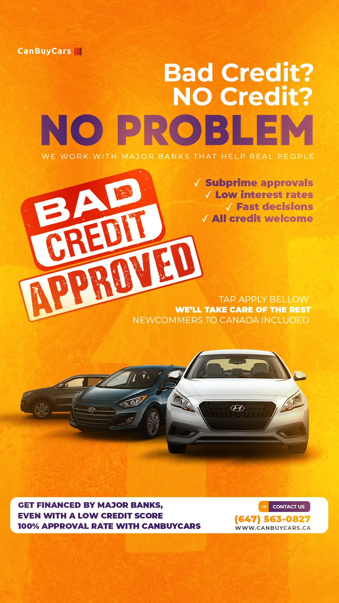 CanBuyCars Bad Credit Approved financing ad in yellow and orange