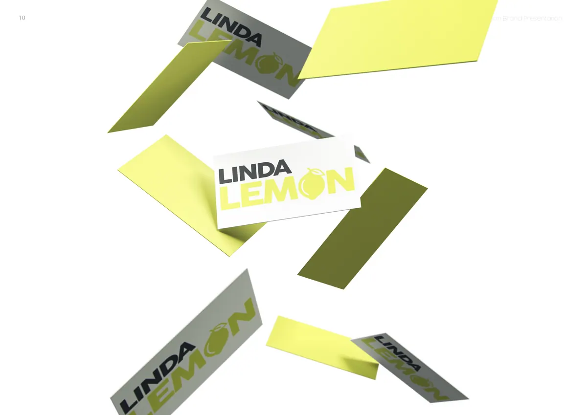 Linda Lemon business cards in lime, grey and white