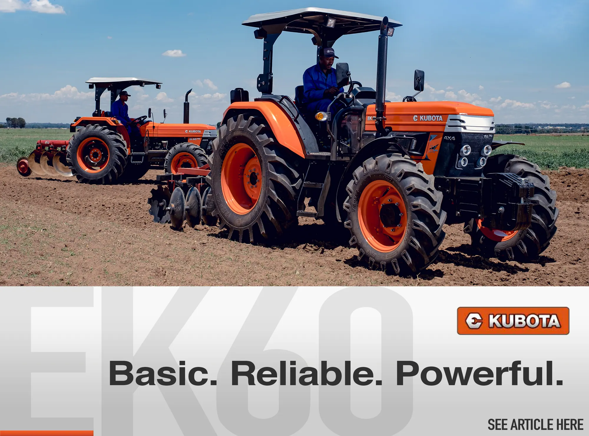 E-Kubota EK60 campaign banner with two tractors and the tagline Basic. Reliable. Powerful.