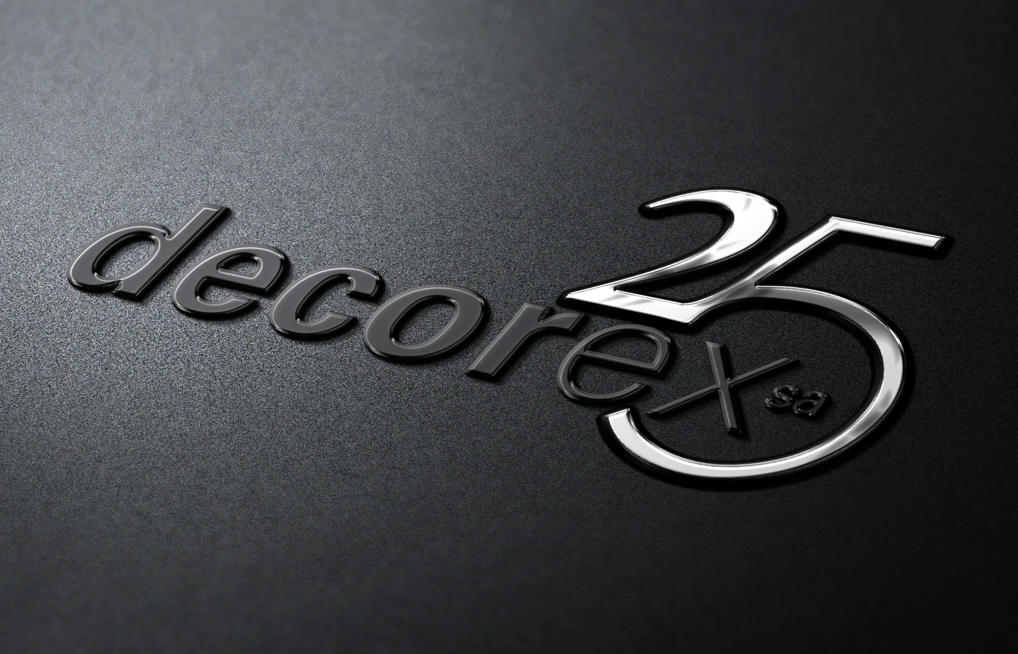 Decorex 25 anniversary logo as a metallic badge on dark textured card