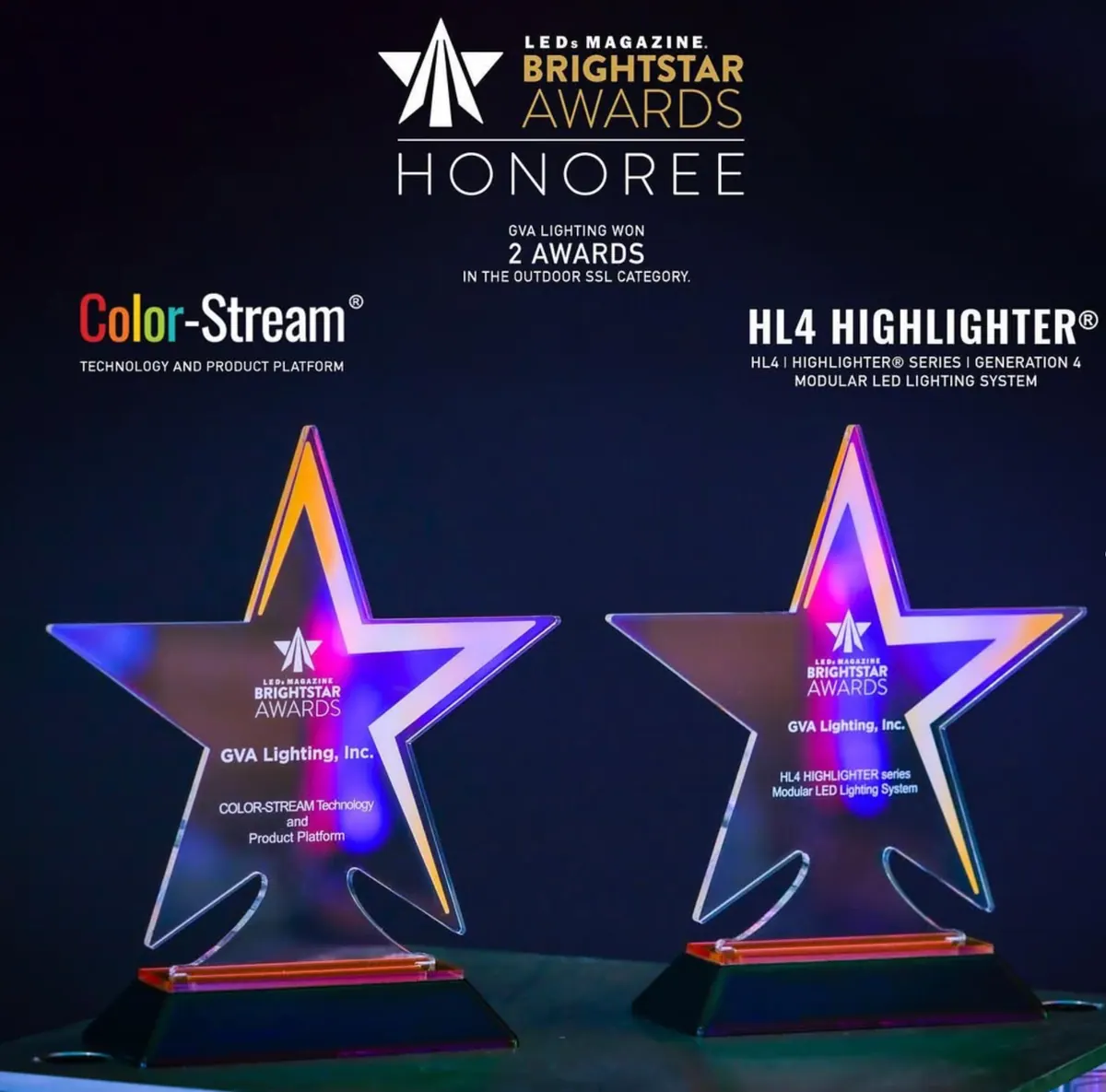 Two star-shaped award trophies for GVA Color-Stream and HL4 Highlighter lit in colour