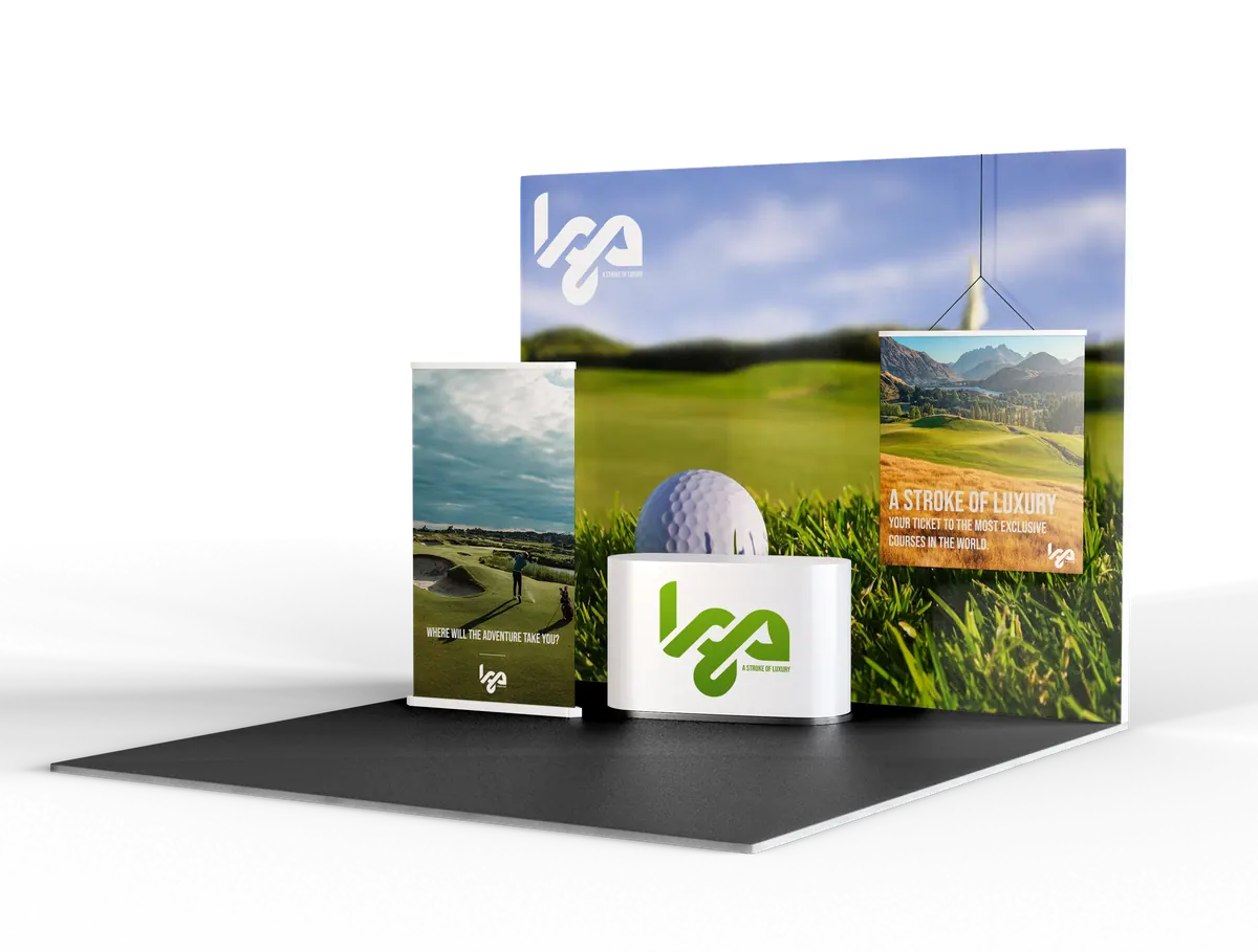 LGA exhibition stand render with golf course imagery and a golf ball display