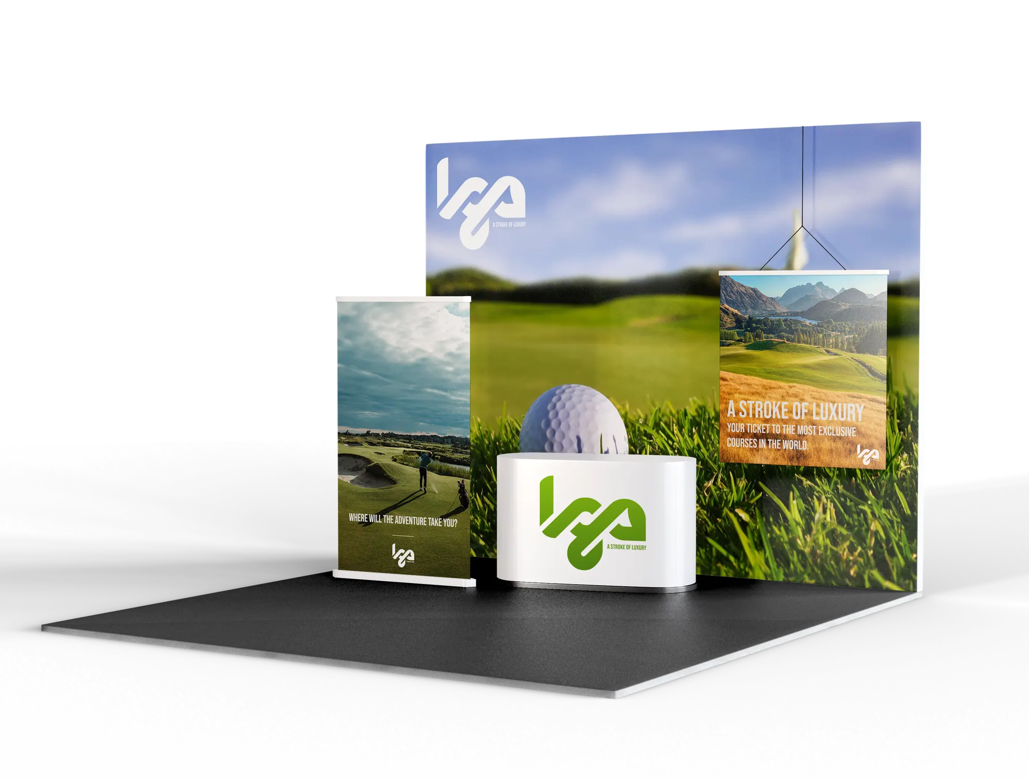 LGA exhibition stand render with golf course imagery and a golf ball display