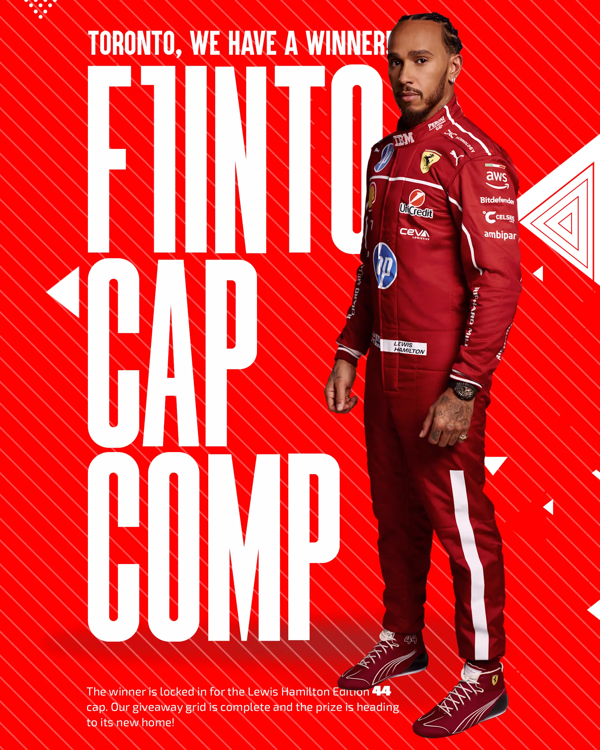 Red F1inTO Cap Comp social post announcing a fan competition winner