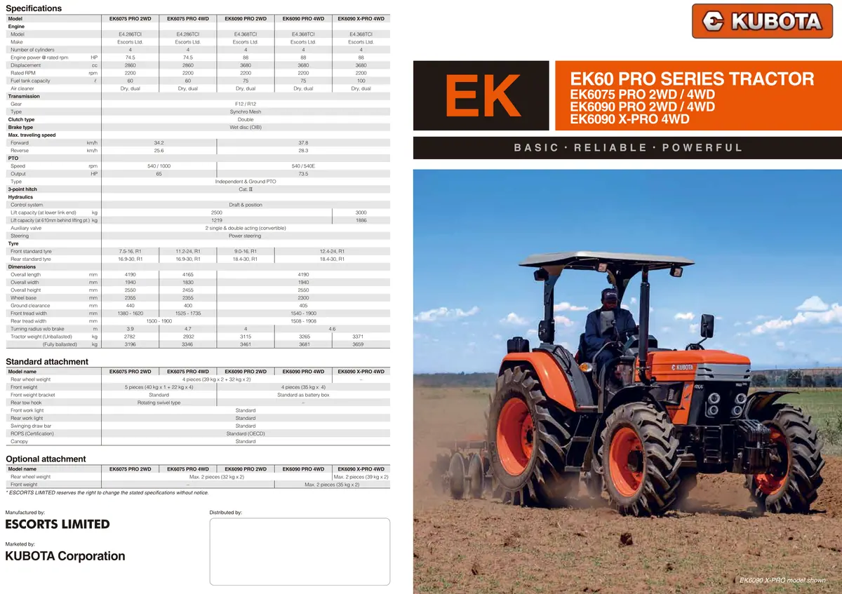 E-Kubota EK series product catalogue spread with a specification table