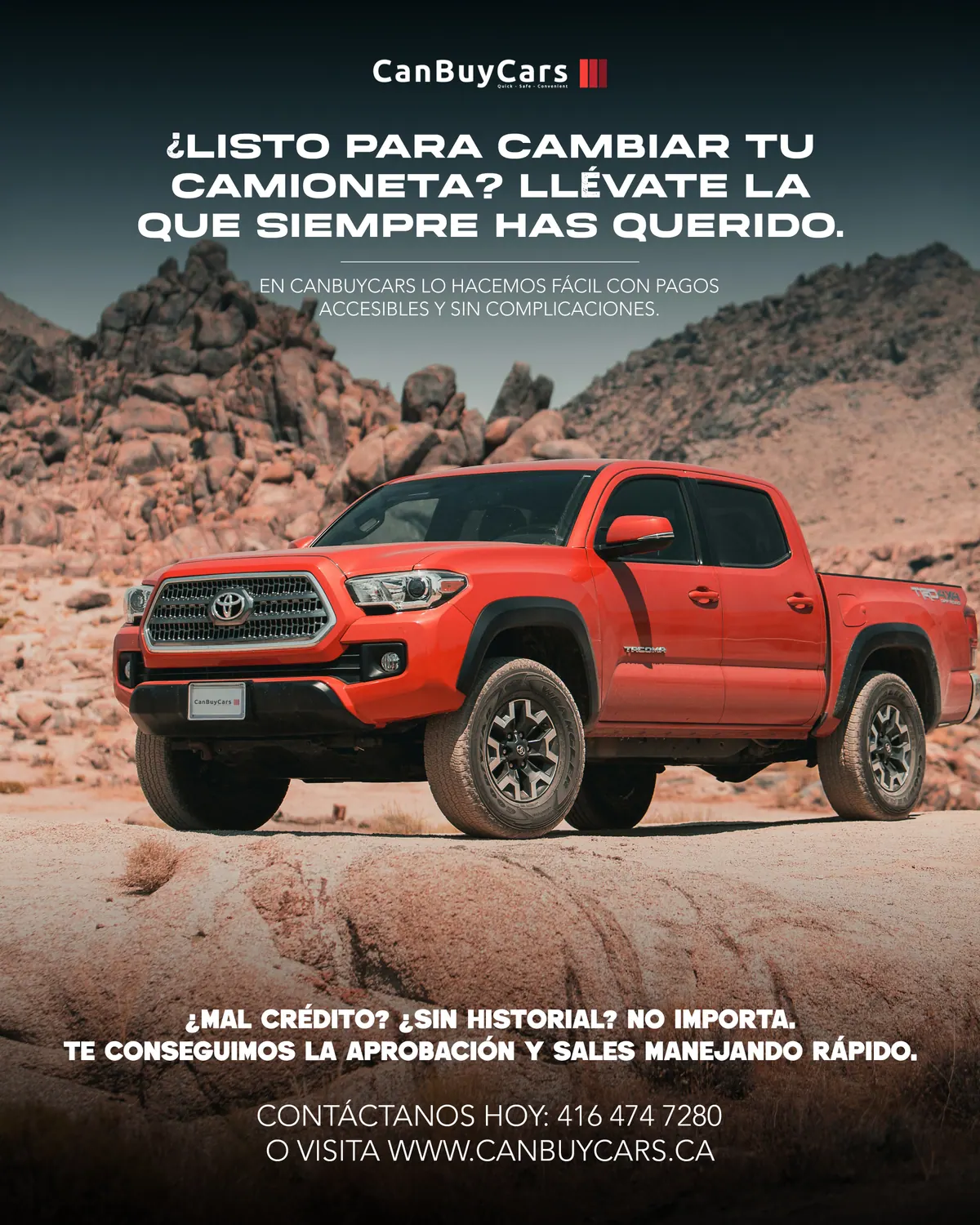 Spanish-language CanBuyCars ad with a red pickup truck in a desert landscape