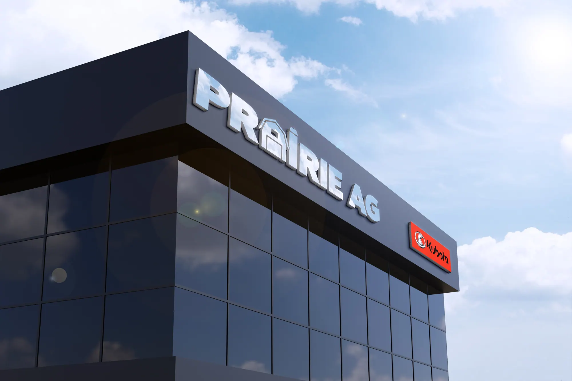 Prairie Ag logo mocked up on the corner of a glass office building