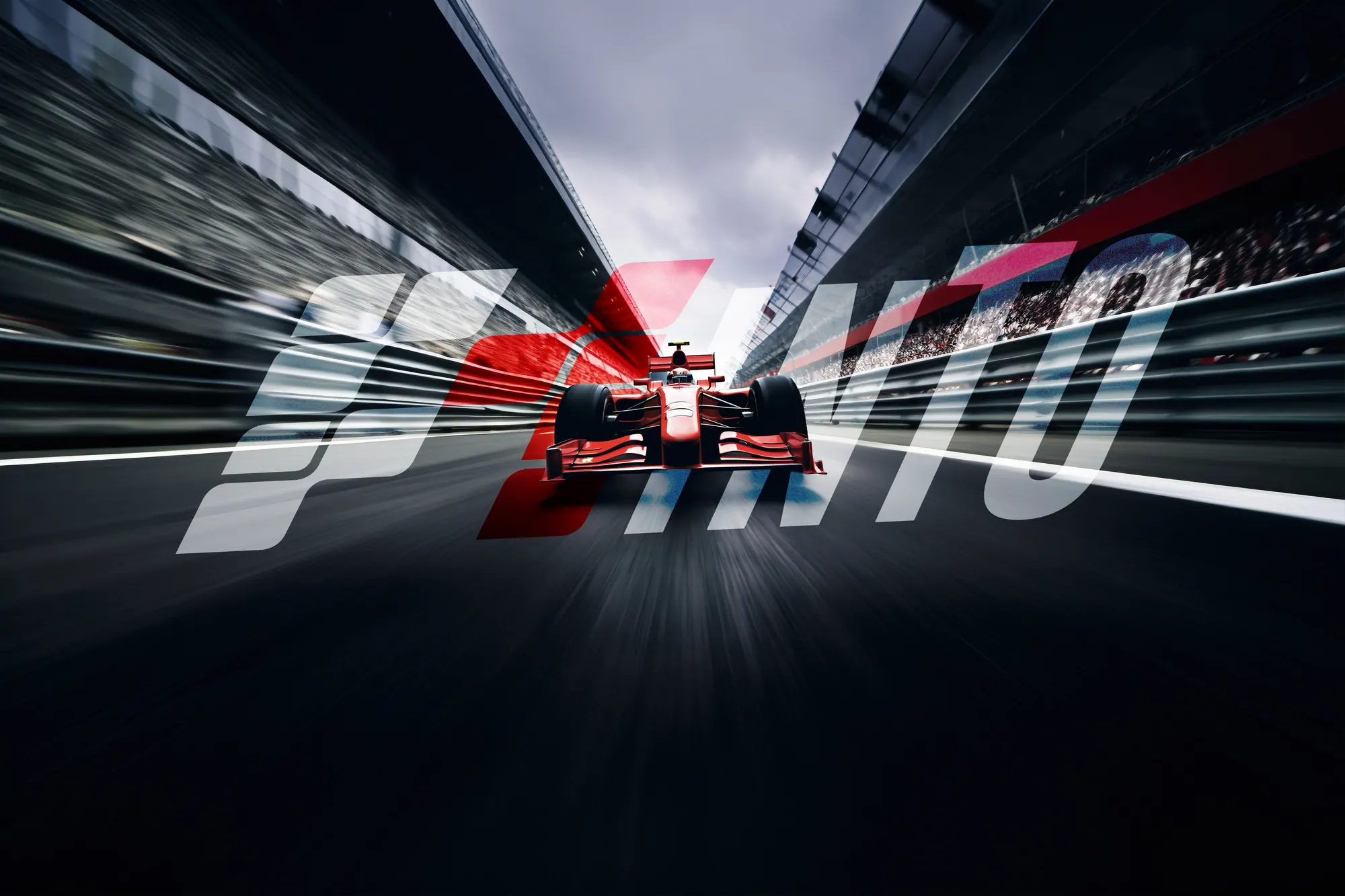 F1inTO wordmark over a Formula 1 car at speed in a motion-blurred tunnel