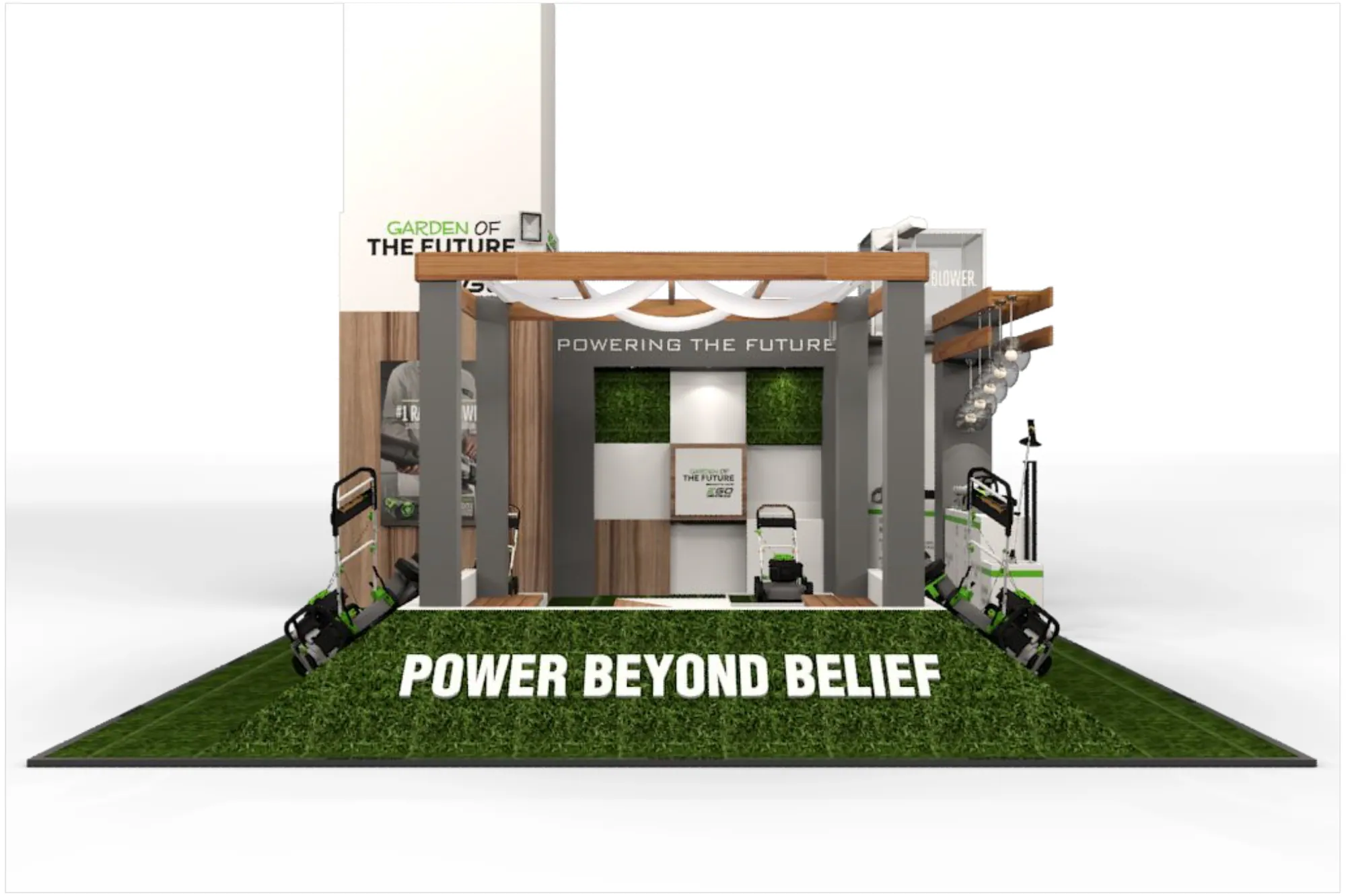 EGO stand render with a Power Beyond Belief grass floor graphic