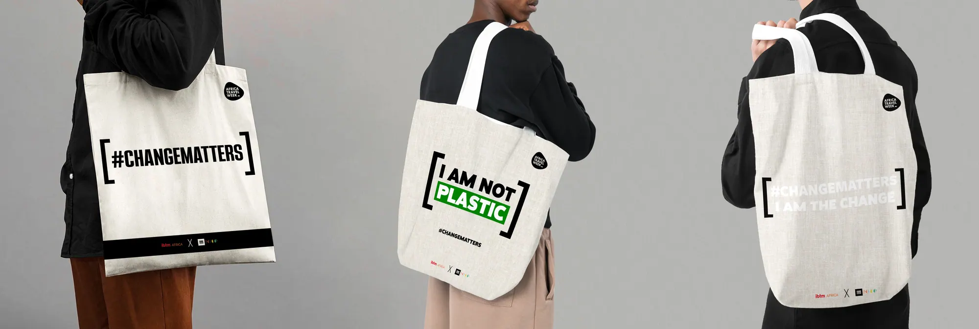Three tote bag designs including an I Am Not Plastic variant