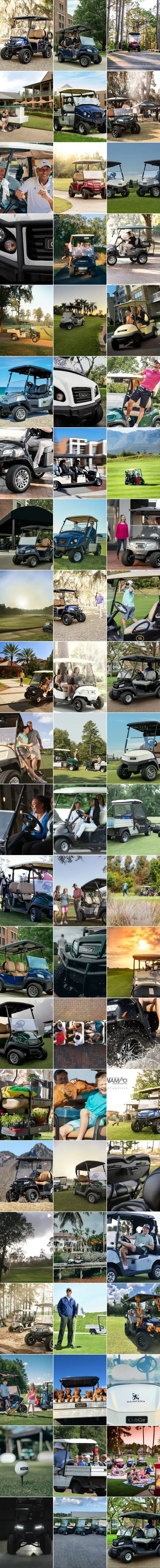 The Club Car South Africa Instagram grid we ran: golf carts on courses and resorts, families, golfers, utility vehicles, detail shots of grilles and wheels, and local moments like NAMPO Harvest Day in Bothaville