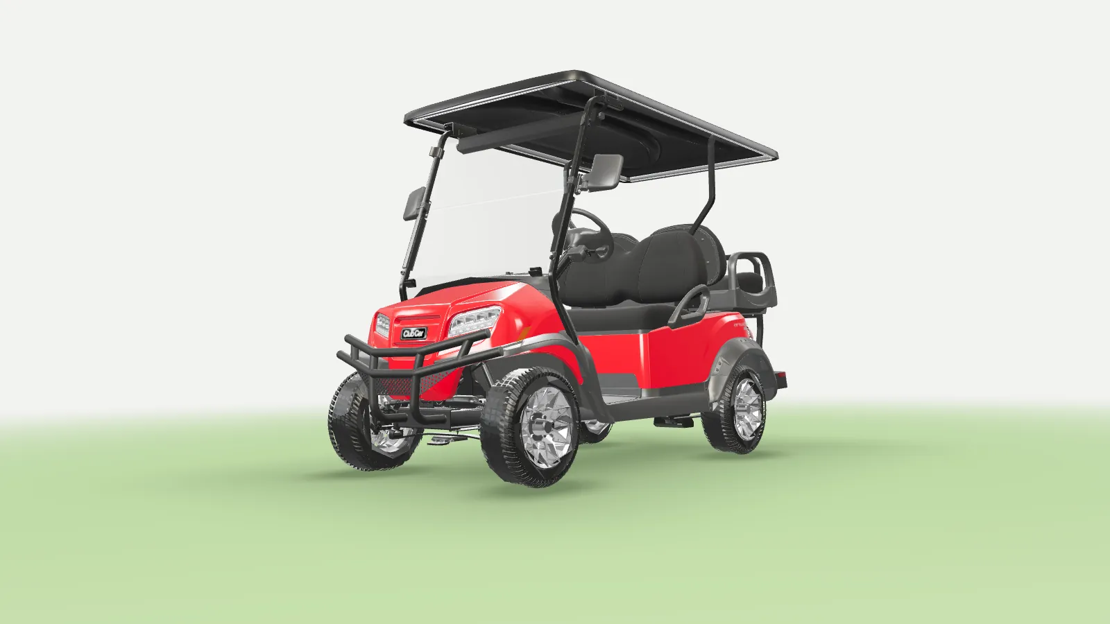 A Club Car Onward 4 Passenger in red in a bright white studio, seen low off its front right corner