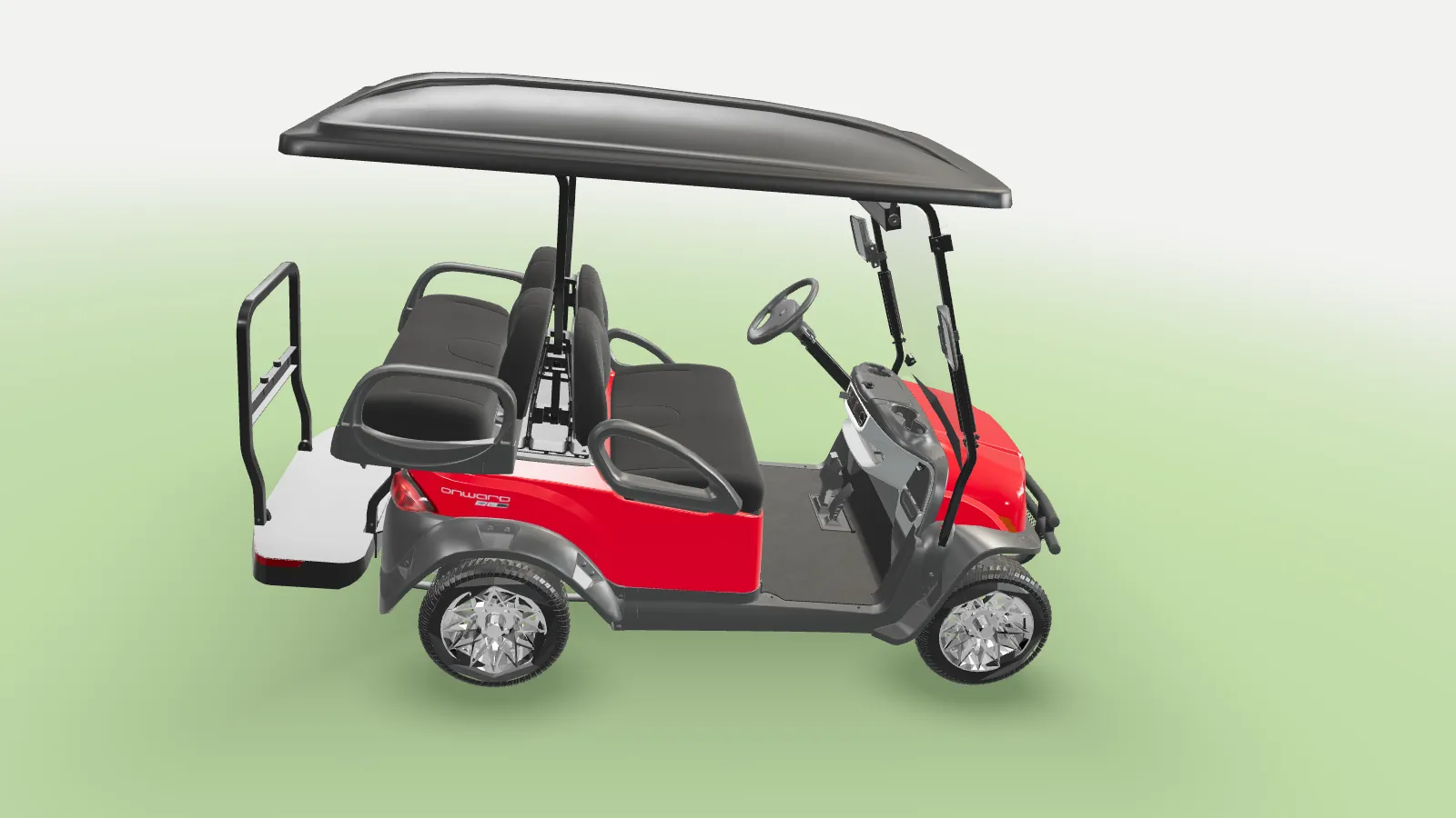 The Onward from a little height off its rear left corner, the canopy, seats and wheels in one view