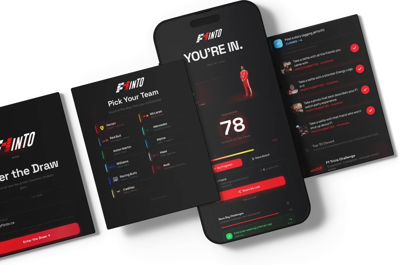 The F1inTO race-day app, screen by screen: enter the draw, pick your team, you're in with your draw entries, then the race-day photo challenges